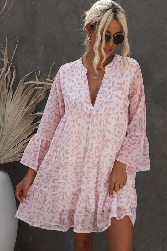 Printed Notched Neck Flare Sleeve Tiered Dress  Dresses- Doll Fits