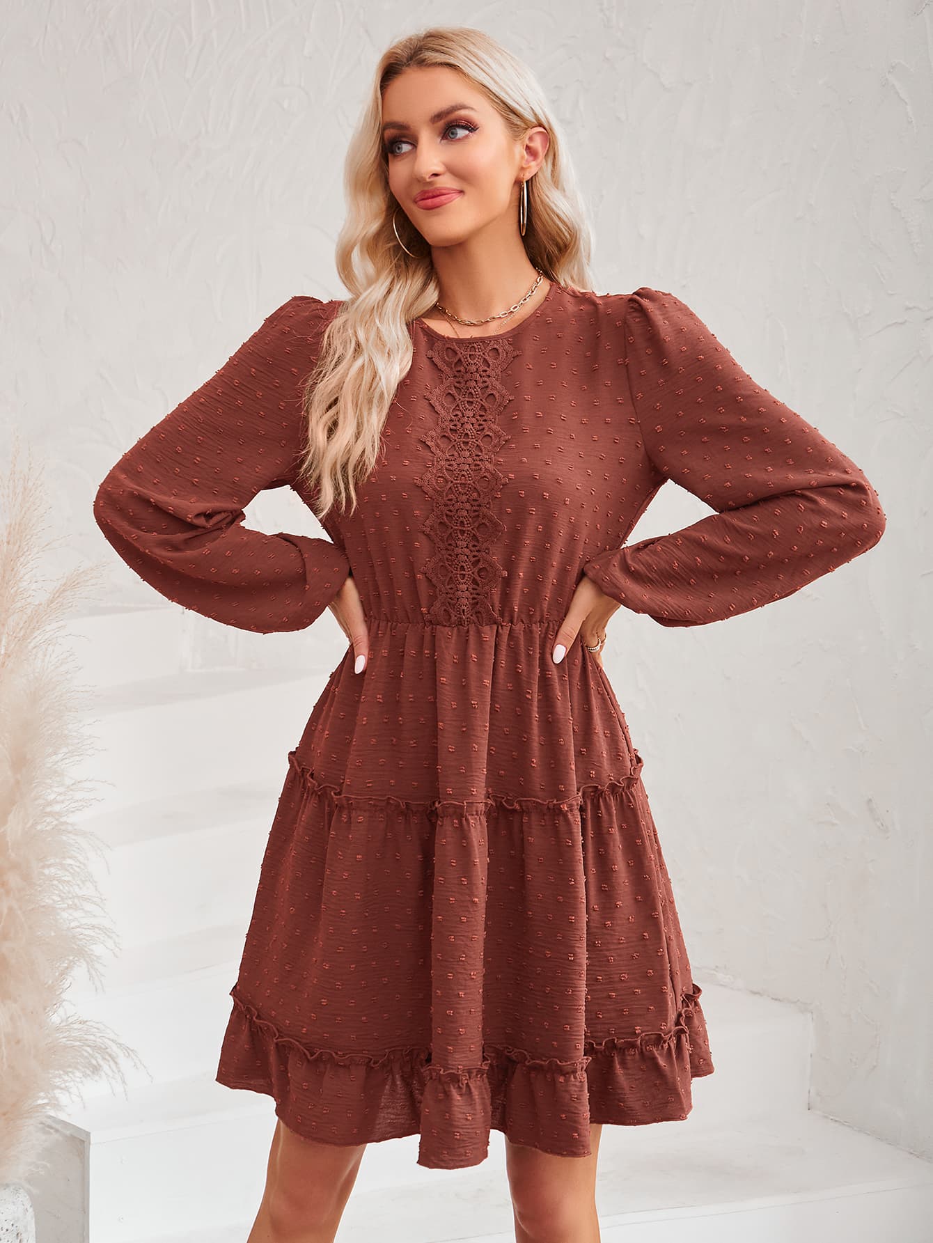 Swiss Dot Lace Trim Balloon Sleeve Dress  Dresses- Doll Fits