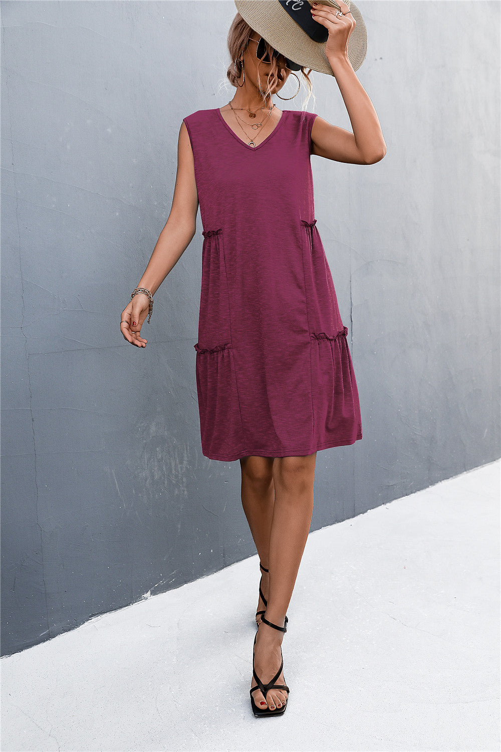 V-Neck Frill Trim Sleeveless Dress  Dresses- Doll Fits