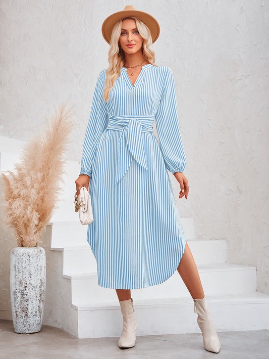 Striped Notched Neck Curved Hem Long Sleeve Dress  Dresses- Doll Fits