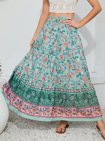 Bohemian Print Smocked Waist Maxi Skirt  Skirts- Doll Fits