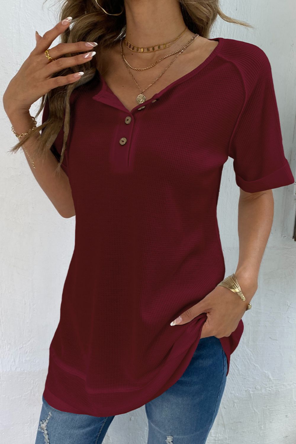 Cuffed Sleeve Henley Top  Shirts & Tops- Doll Fits