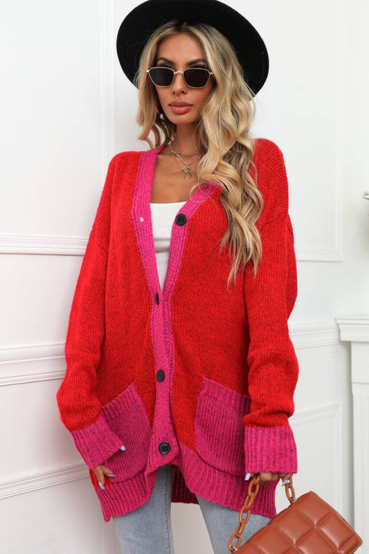 Contrast Detail Button-Up Cardigan with Pockets  Coats & Jackets- Doll Fits