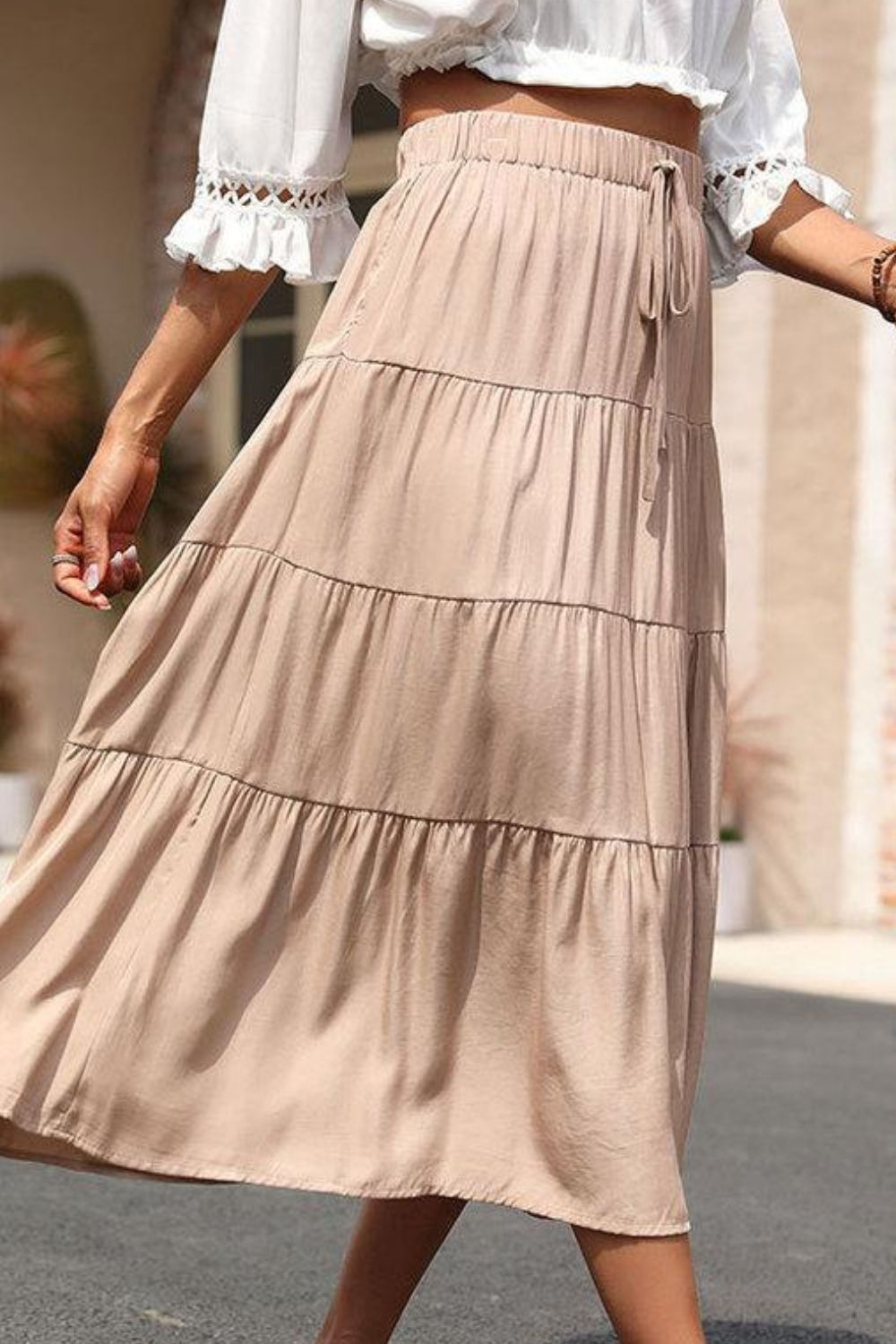 Elastic Waist Tiered Midi Skirt  Skirts- Doll Fits