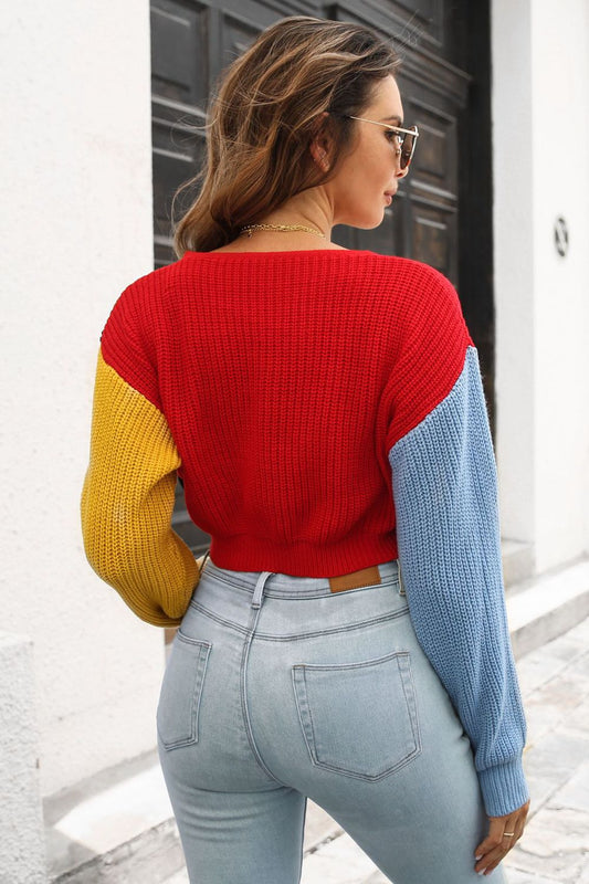 Cropped Contrast Color V- Neck Buttoned Cardigan  - Doll Fits
