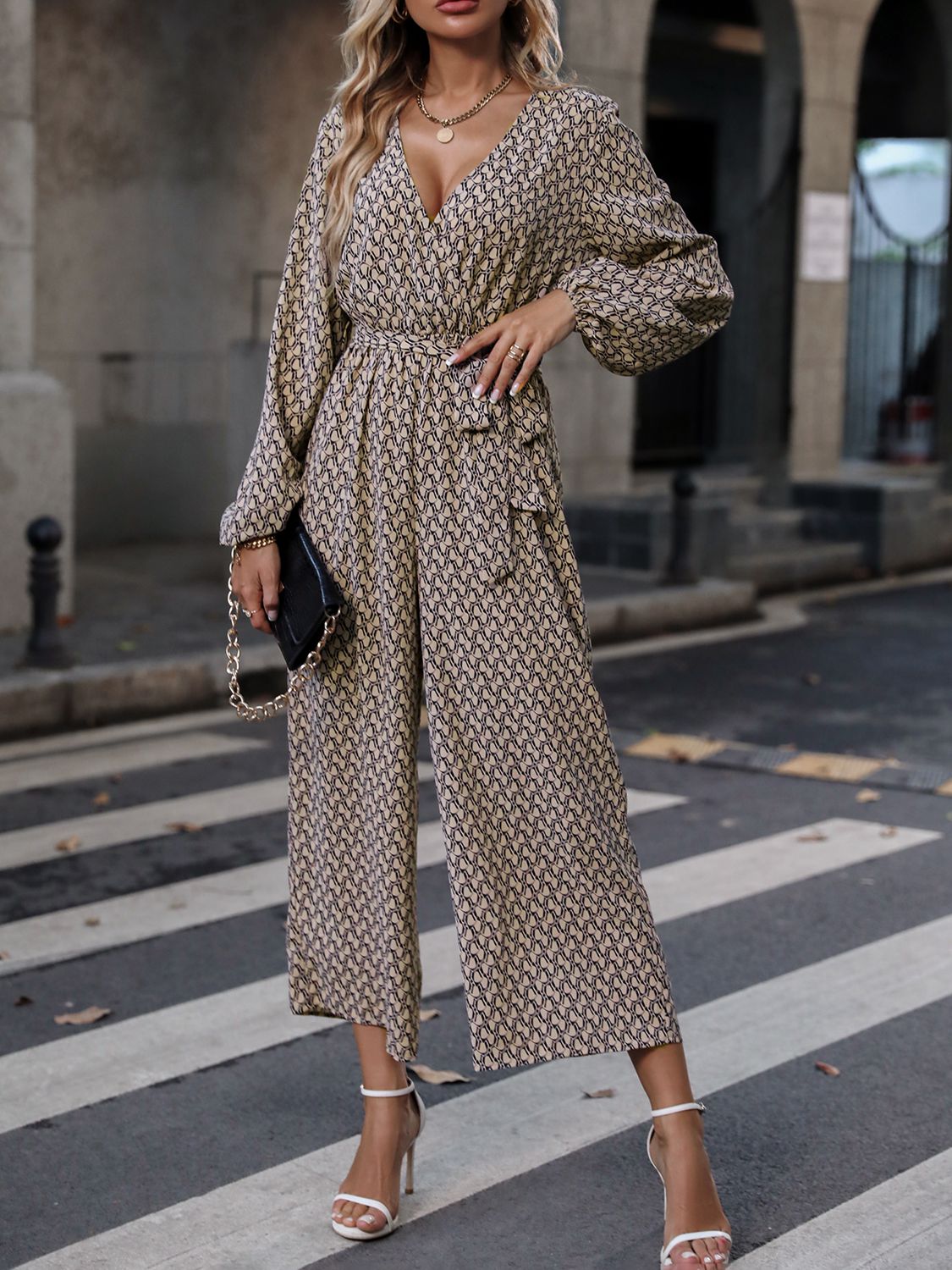 Printed Surplice Neck Tie Waist Wide Leg Jumpsuit  - Doll Fits