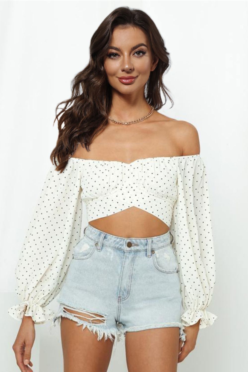 Printed Long Flounce Sleeve Cropped Blouse  Shirts & Tops- Doll Fits