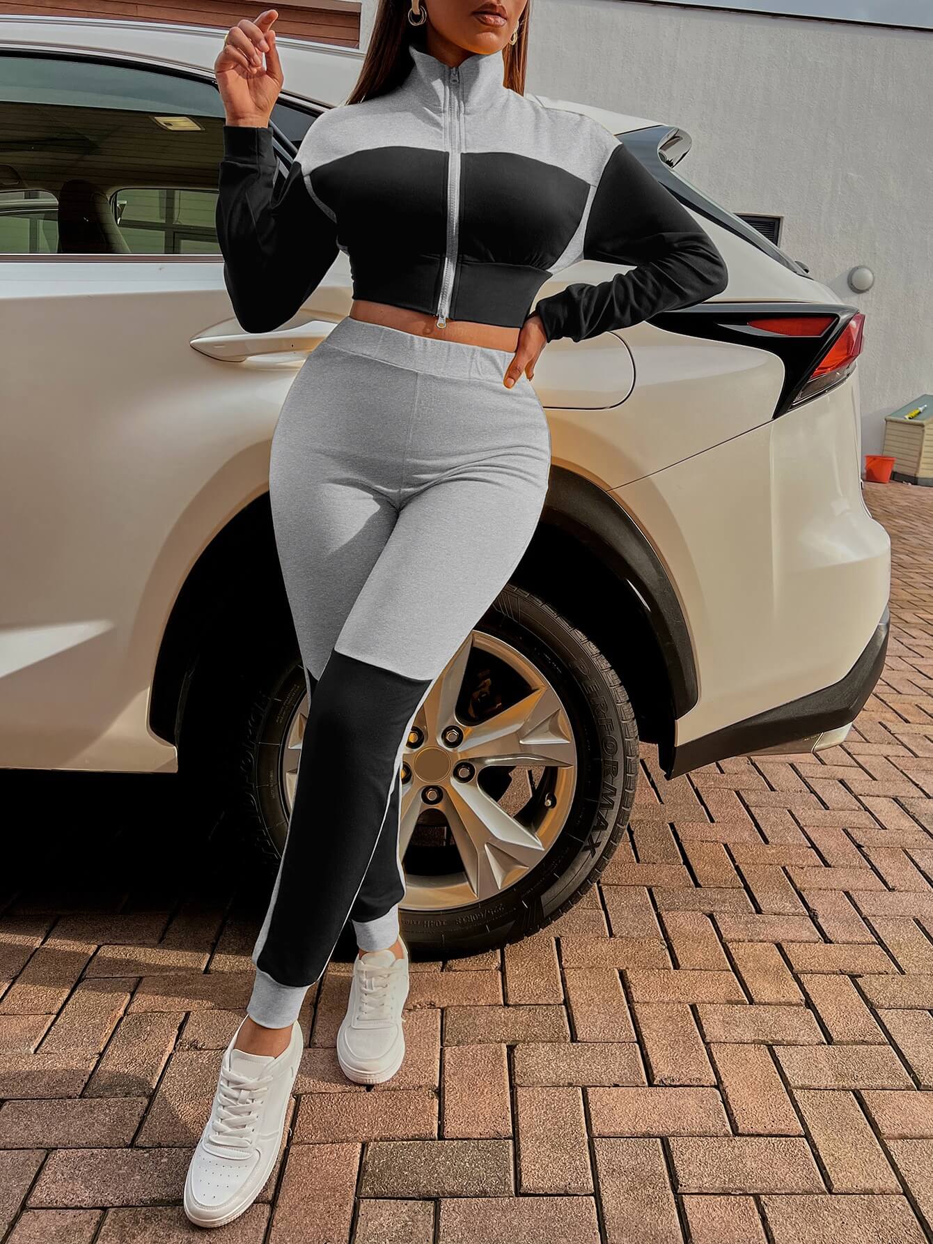 Two-Tone Collared Neck Top and Joggers Set  Outfit Sets- Doll Fits