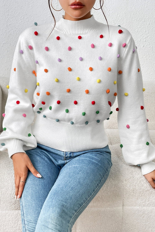 Pom-Pom Trim Mock Neck Long Sleeve Pullover Sweater  - Doll Fits