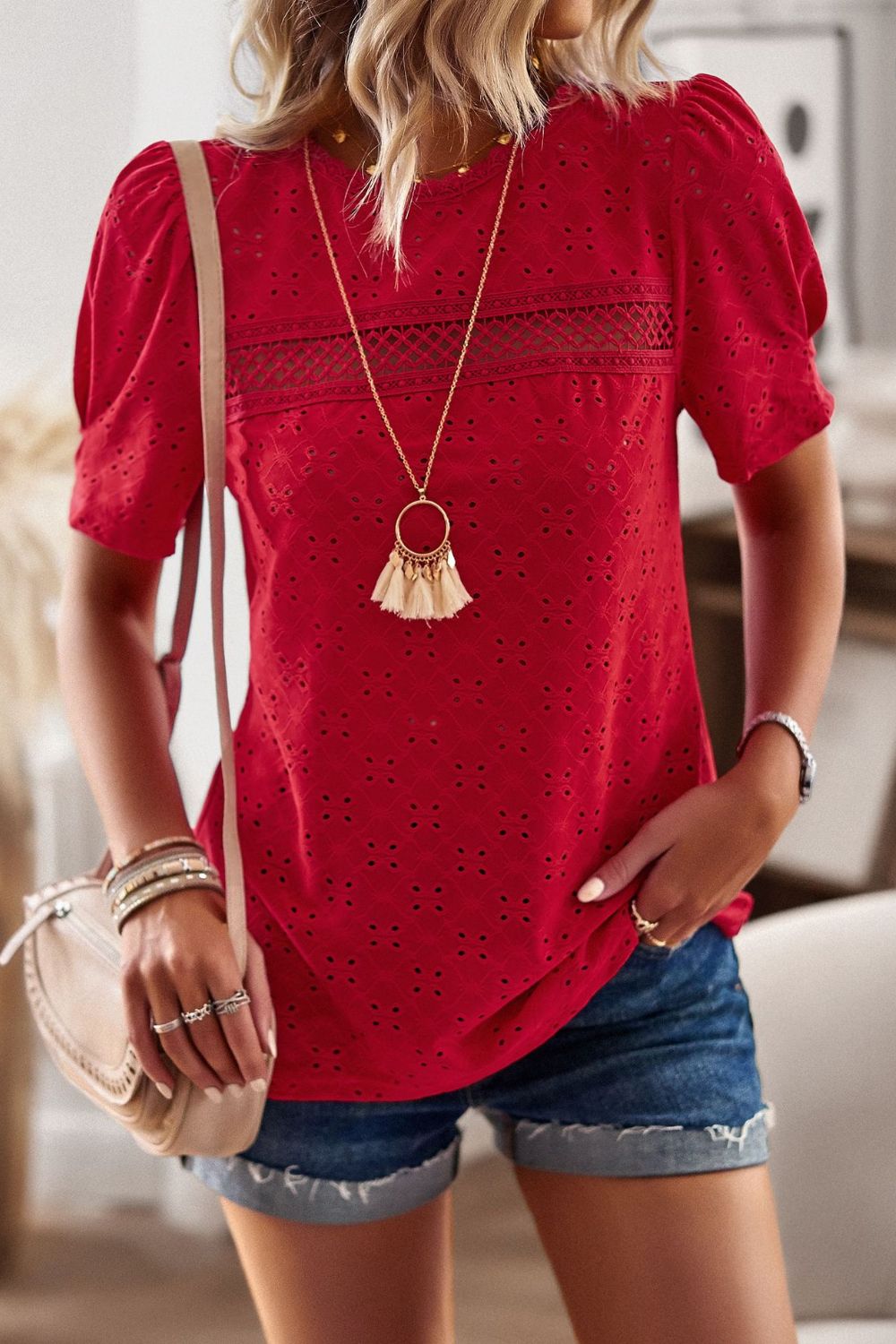 Spliced Lace Short Puff Sleeve Top  Shirts & Tops- Doll Fits