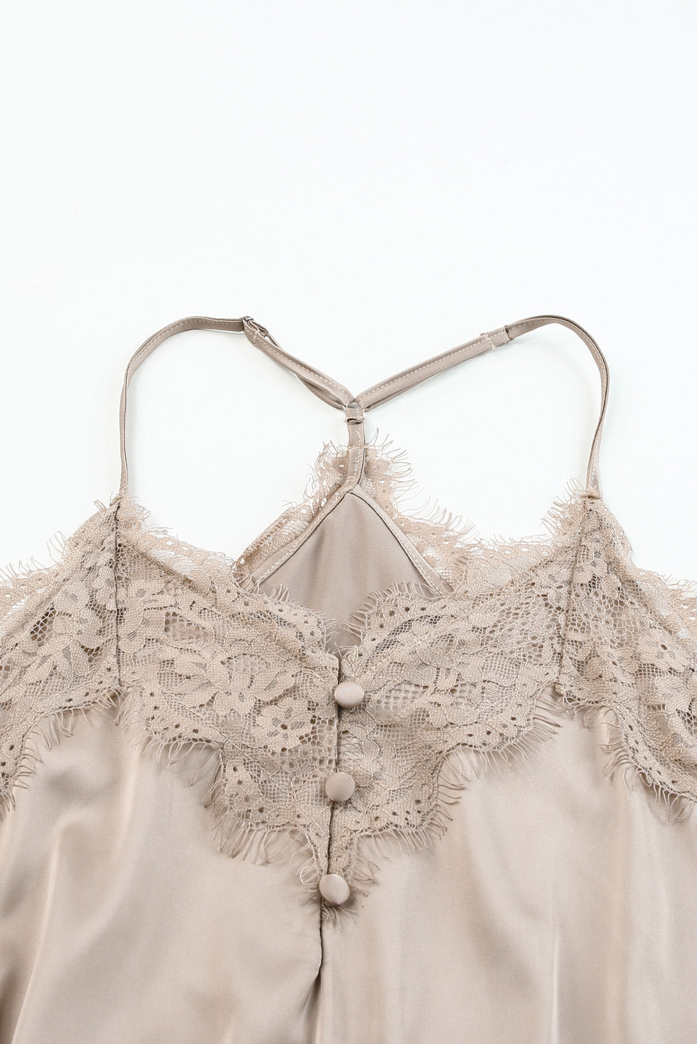 Lace Trim Buttoned Spaghetti Strap Bodysuit  Shirts & Tops- Doll Fits