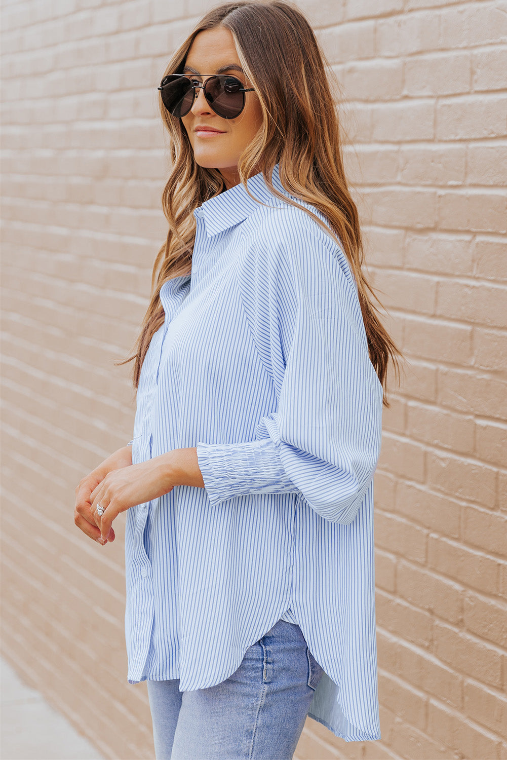 Striped Lantern Sleeve Collared Shirt  Shirts & Tops- Doll Fits