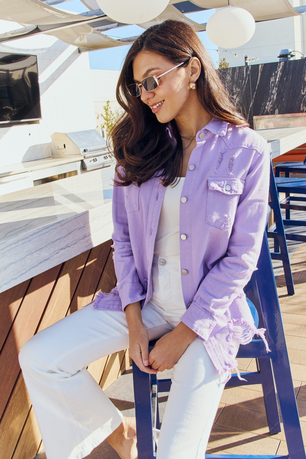 American Bazi Full Size Distressed Button Down Denim Jacket in Lavender  Coats & Jackets- Doll Fits