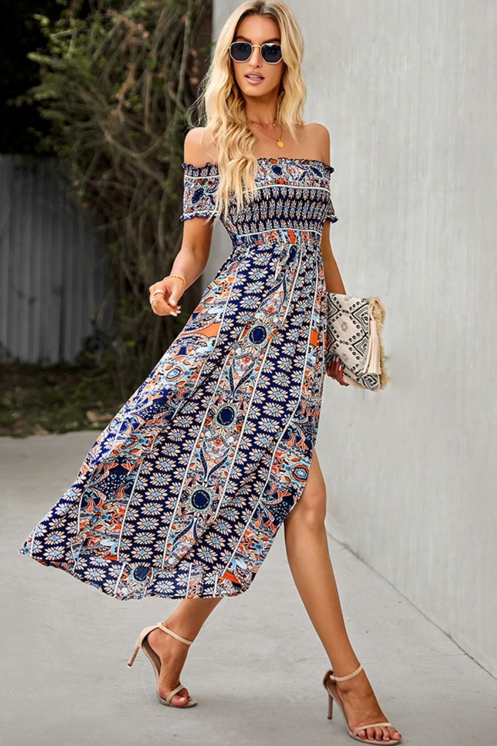 Bohemian Off-Shoulder Frill Trim Split Dress  Dresses- Doll Fits