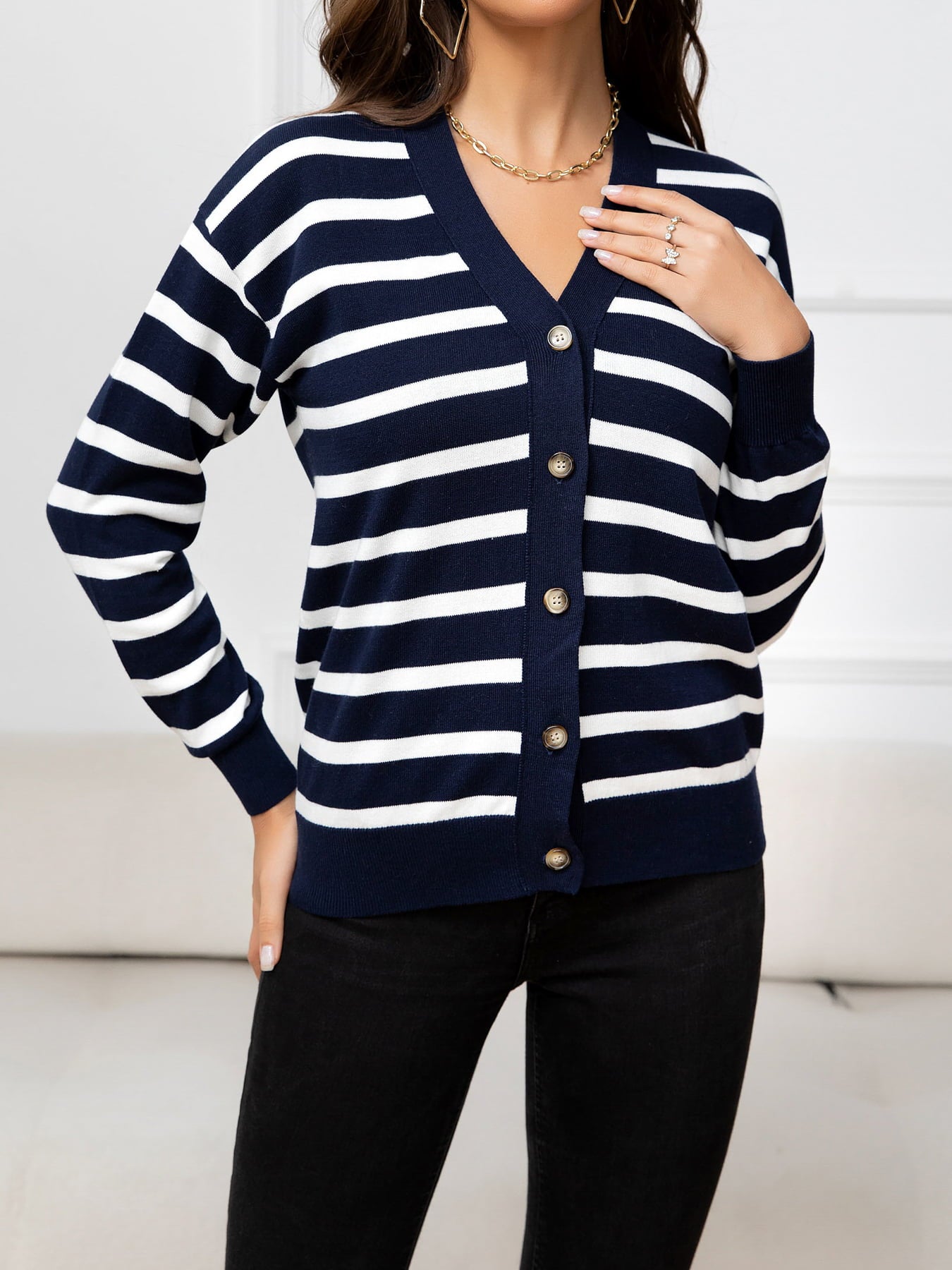 Striped Dropped Shoulder V-Neck Knit Top  - Doll Fits