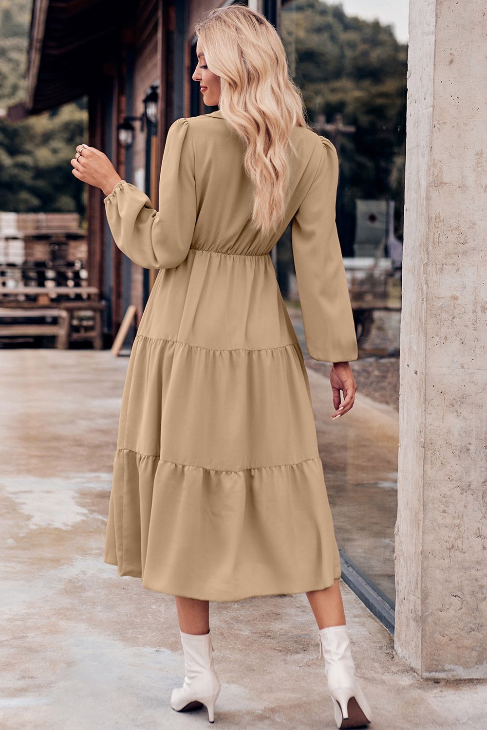 Collared Neck Long Sleeve Midi Dress  Dresses- Doll Fits