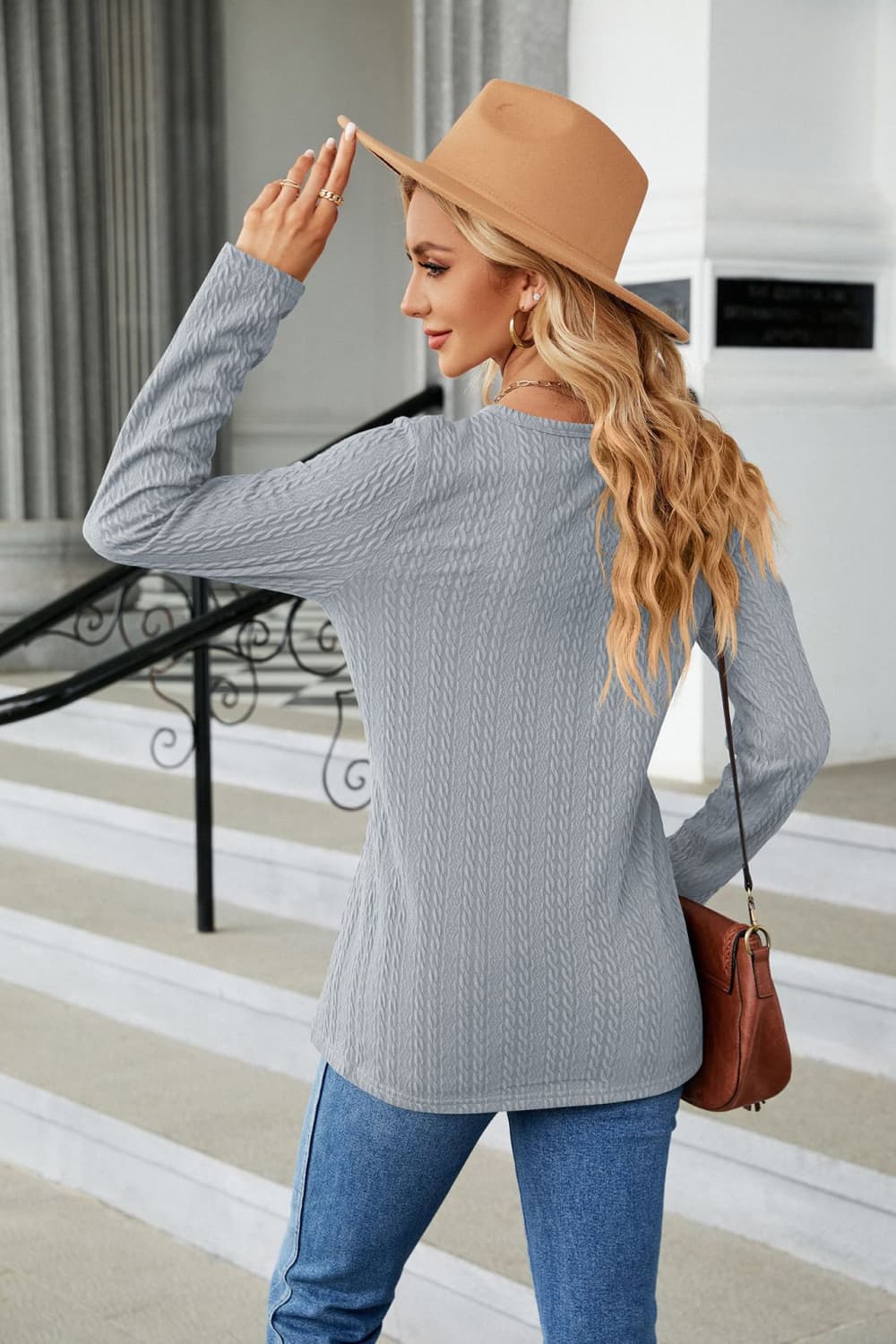 Cable-Knit Long Sleeve V-Neck T-Shirt  - Doll Fits