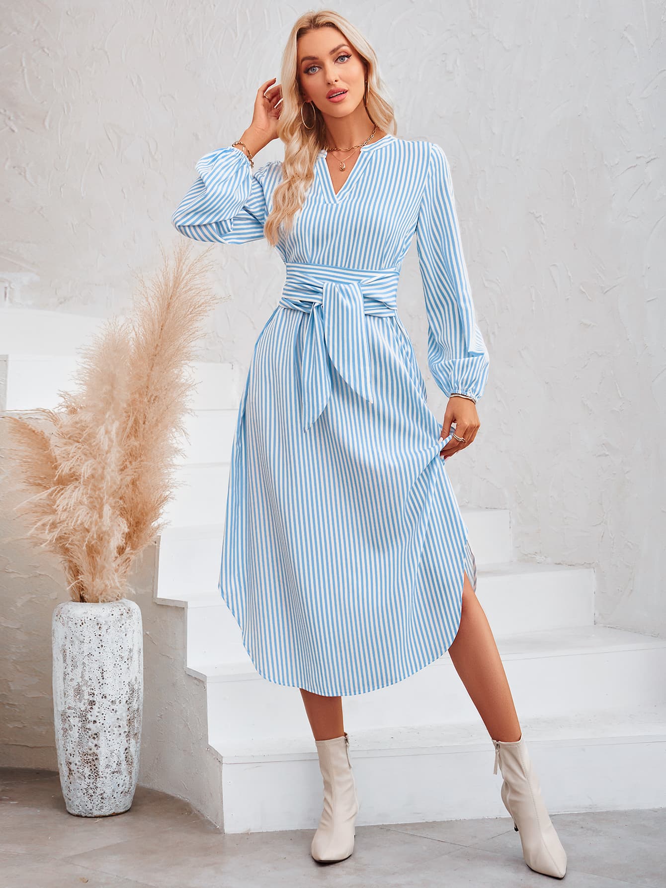 Striped Notched Neck Curved Hem Long Sleeve Dress  Dresses- Doll Fits