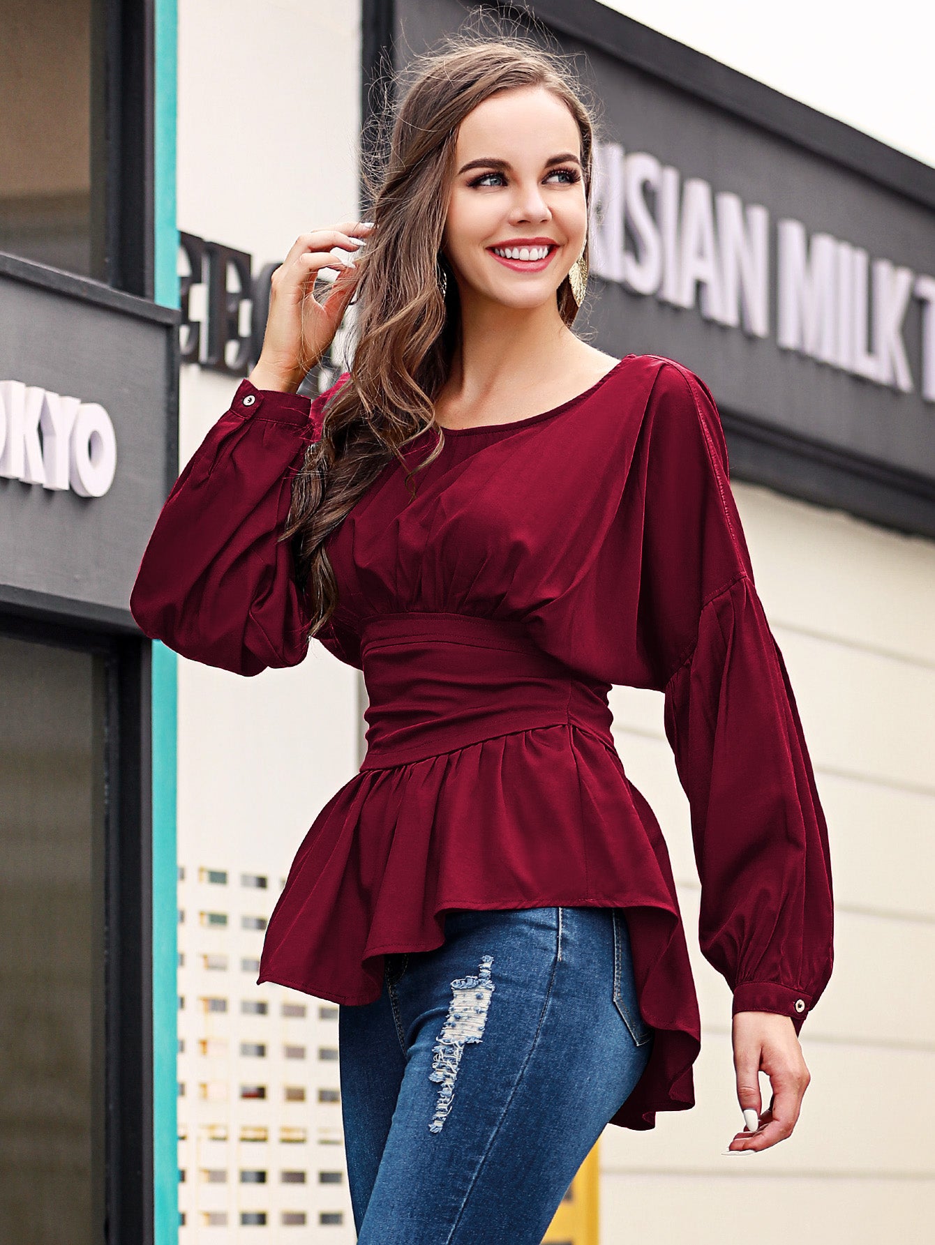 Exposed Seams Round Neck Dropped Shoulder Blouse  - Doll Fits