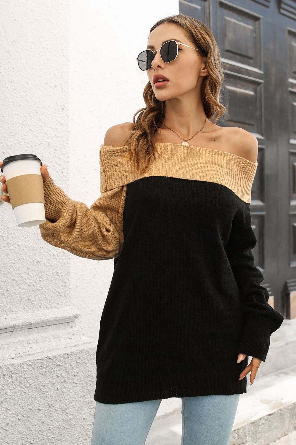 Ribbed Off-Shoulder Lantern Sleeve Pullover Sweater  - Doll Fits