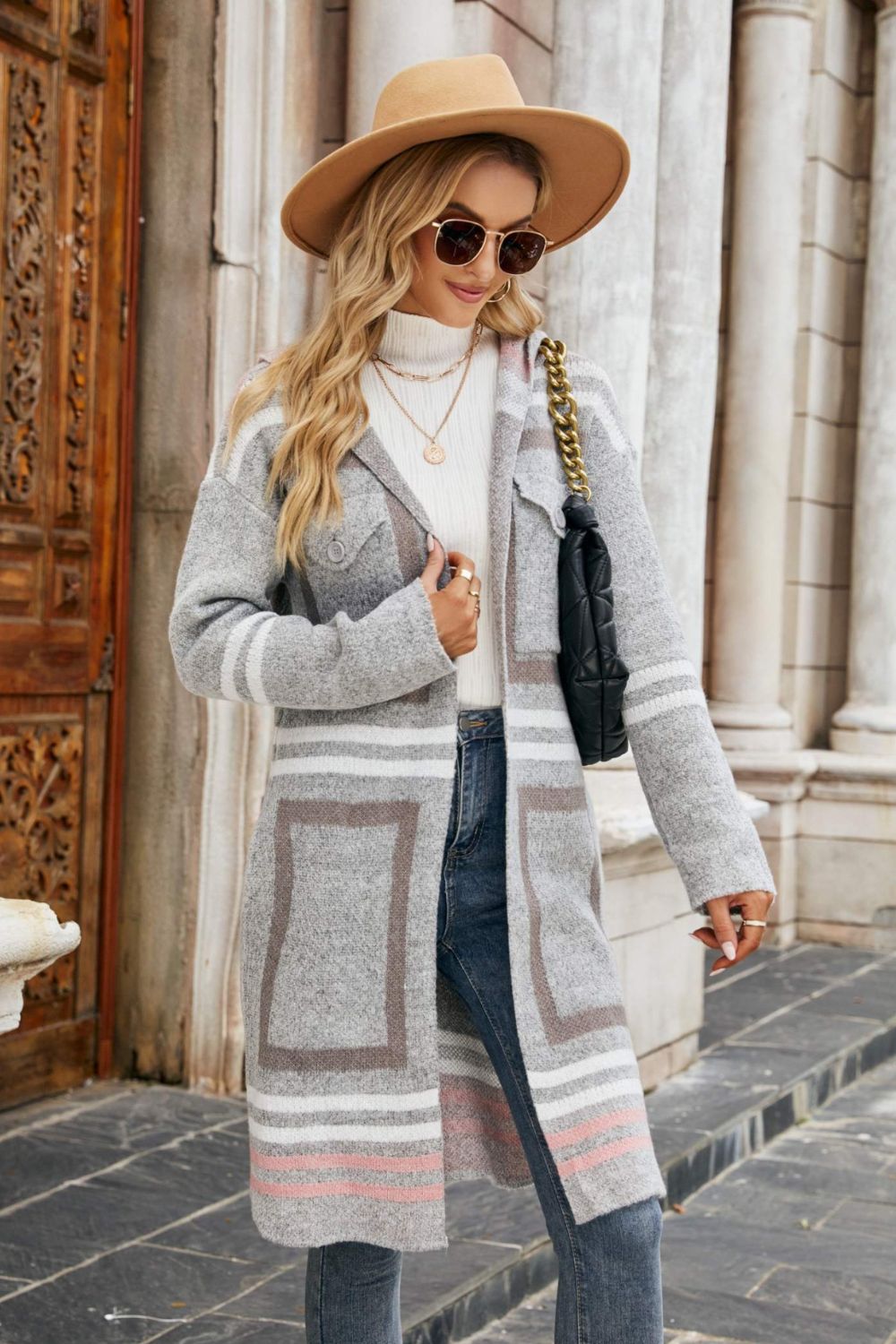 Printed Open Front Hooded Longline Cardigan  Coats & Jackets- Doll Fits