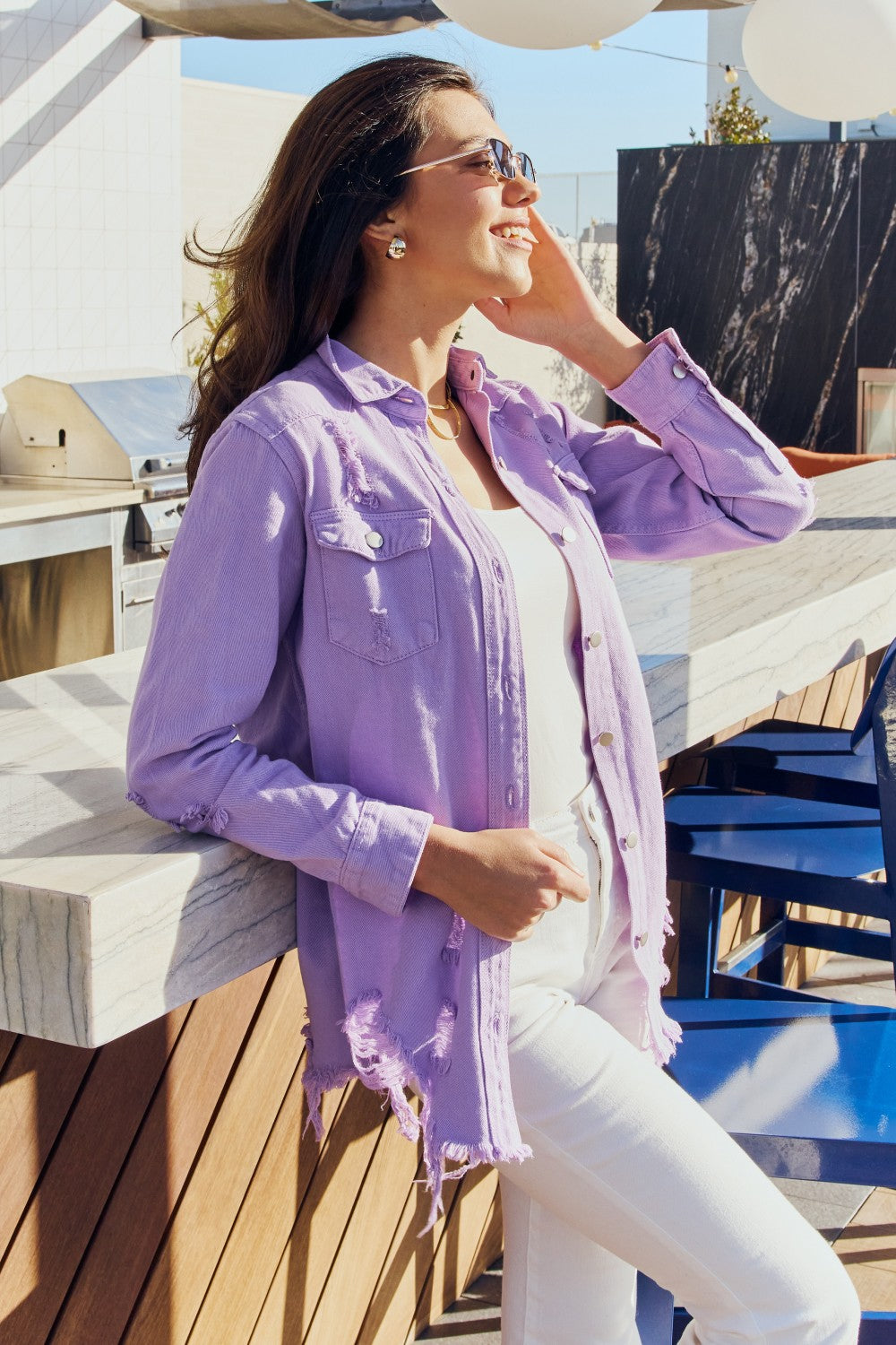 American Bazi Full Size Distressed Button Down Denim Jacket in Lavender  Coats & Jackets- Doll Fits