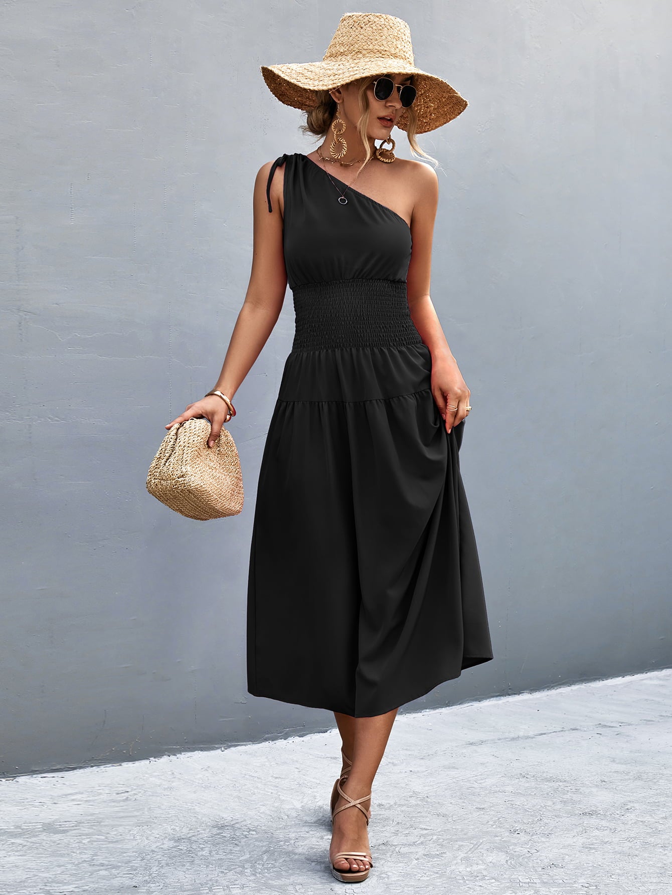 Asymmetrical One Shoulder Smocked Waist Midi Dress  Dresses- Doll Fits