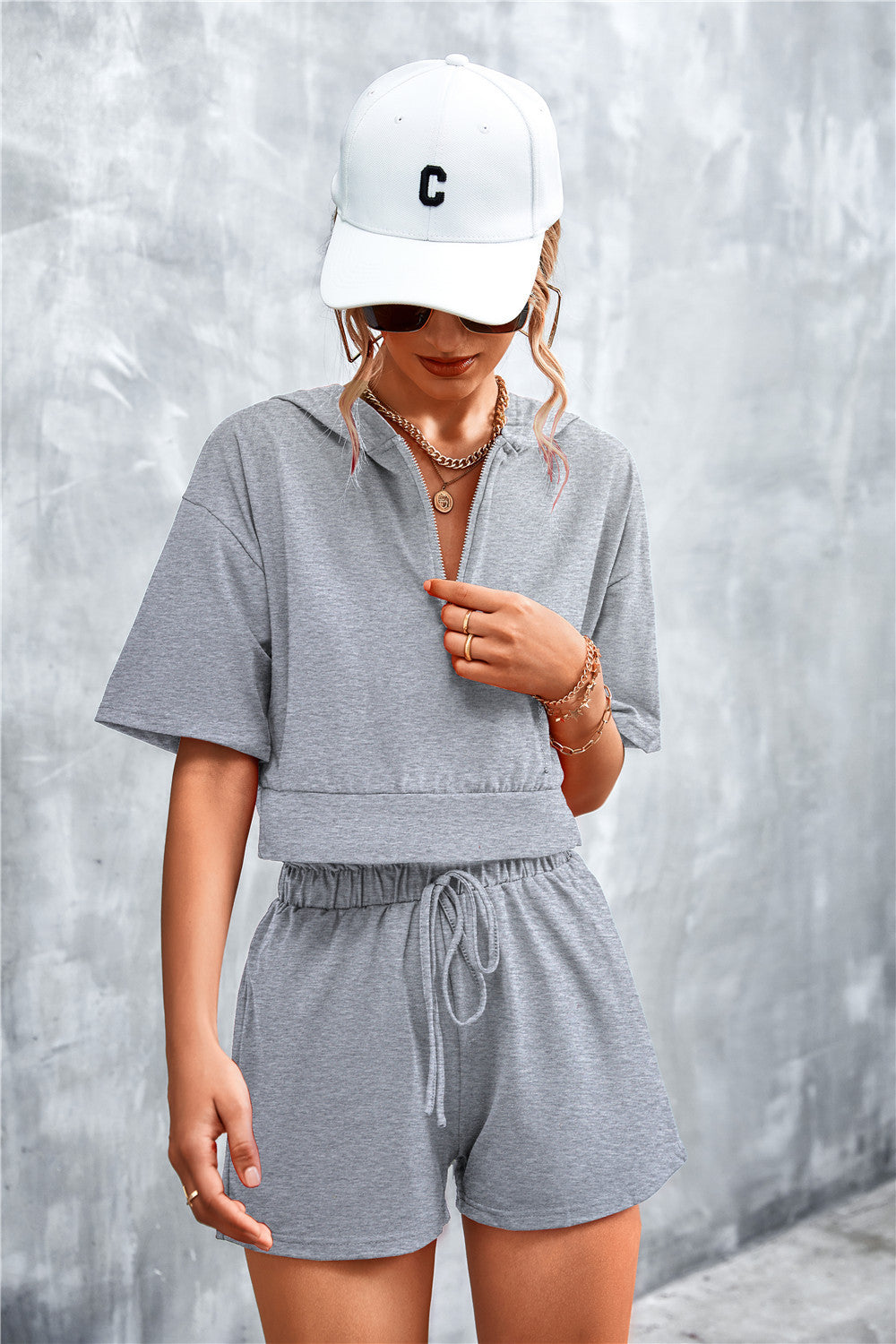 Half Zip Cropped Hooded T-Shirt and Shorts Set  Outfit Sets- Doll Fits