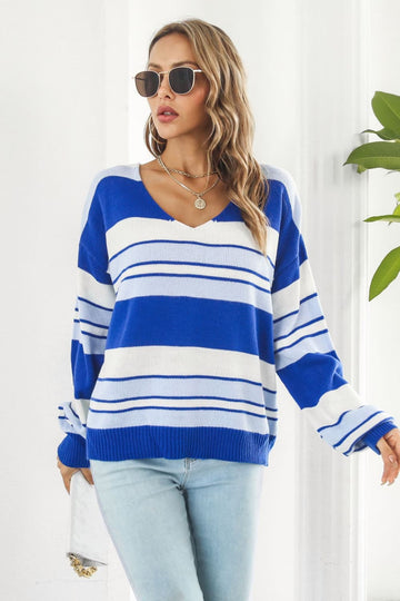 Striped V-Neck Dropped Shoulder Sweater  - Doll Fits