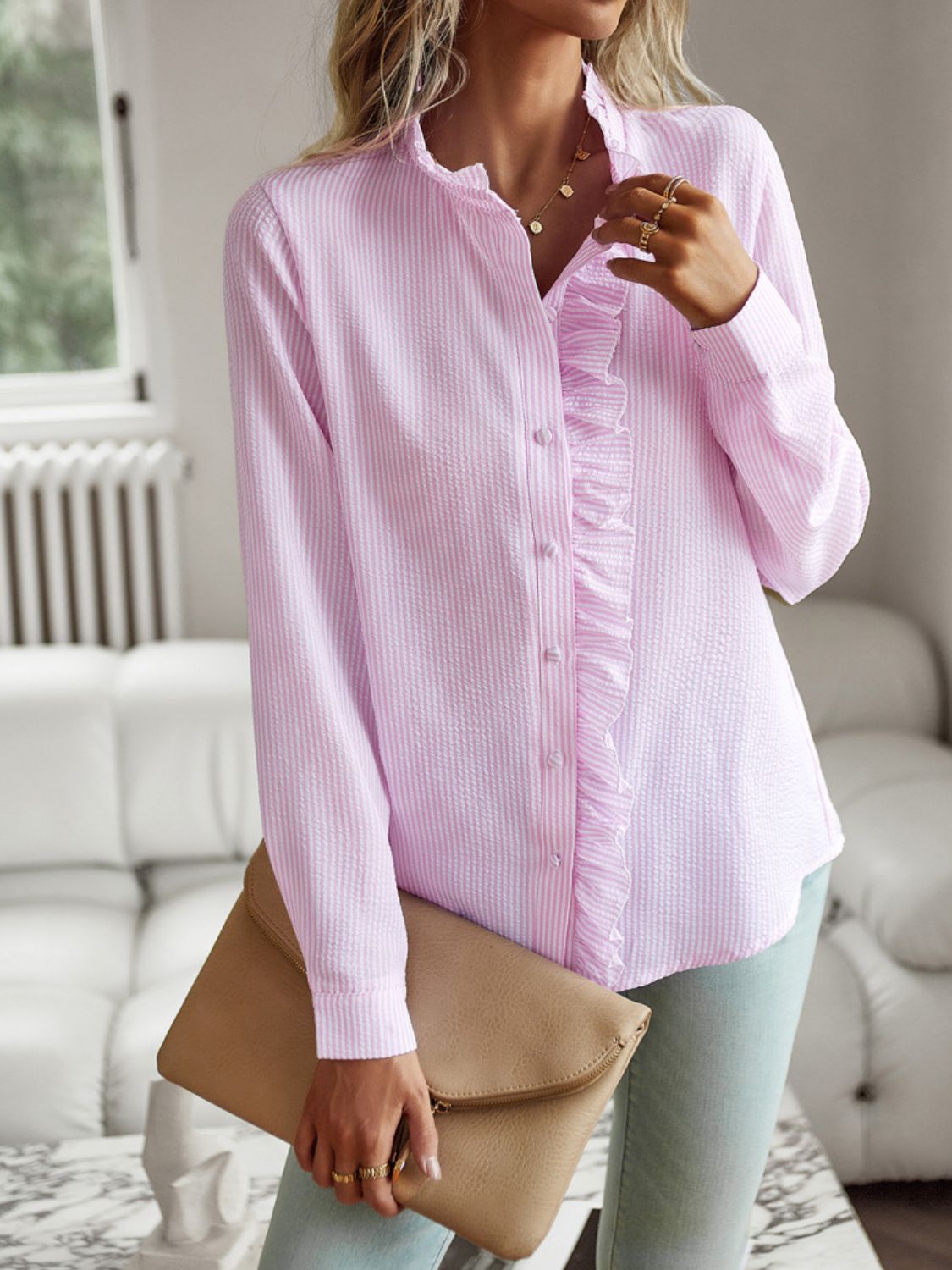 Ruffle Trim Long Sleeve Shirt  - Doll Fits
