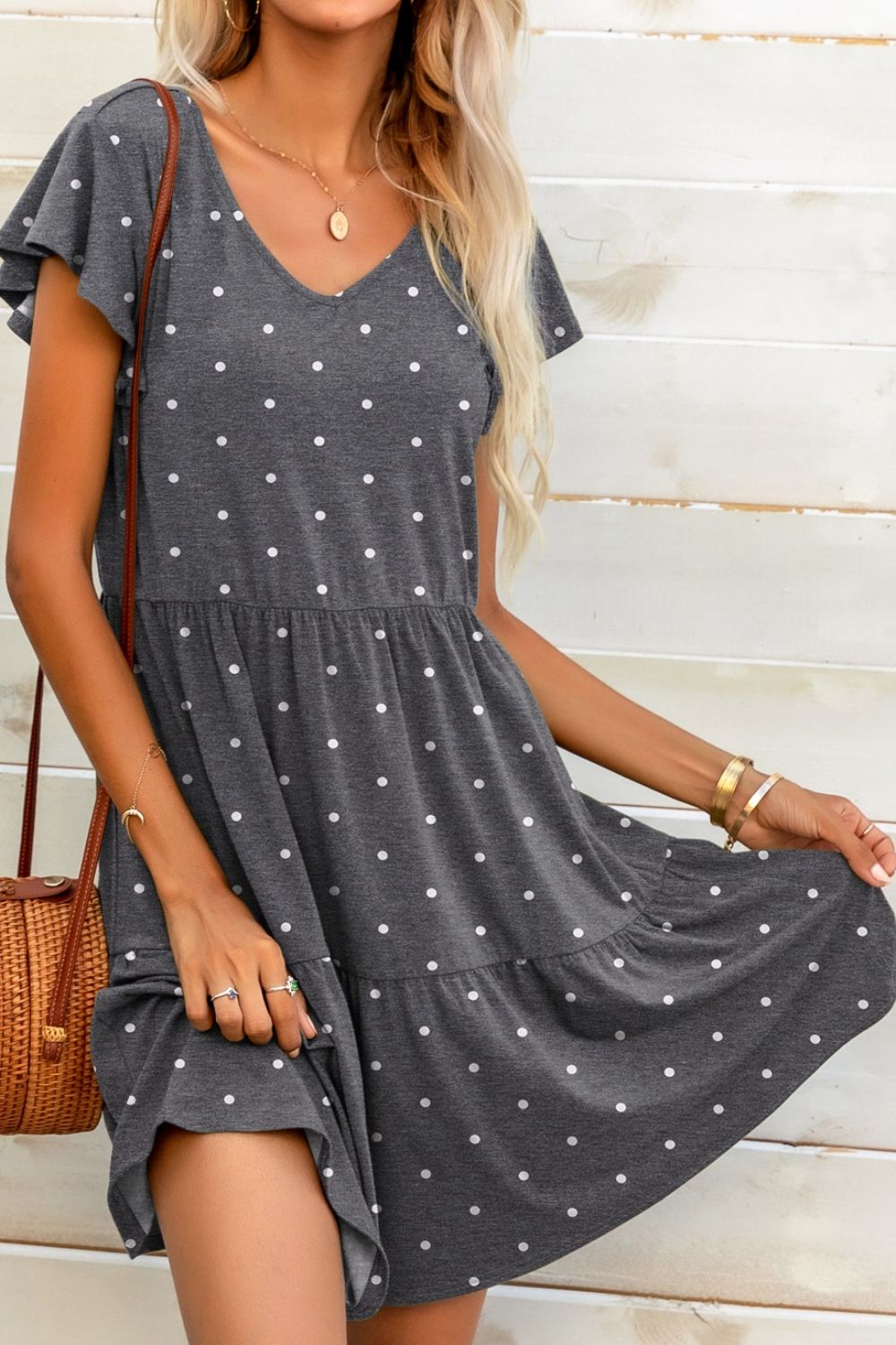 Polka Dot V-Neck Flutter Sleeve Mini Dress  Dresses- Doll Fits