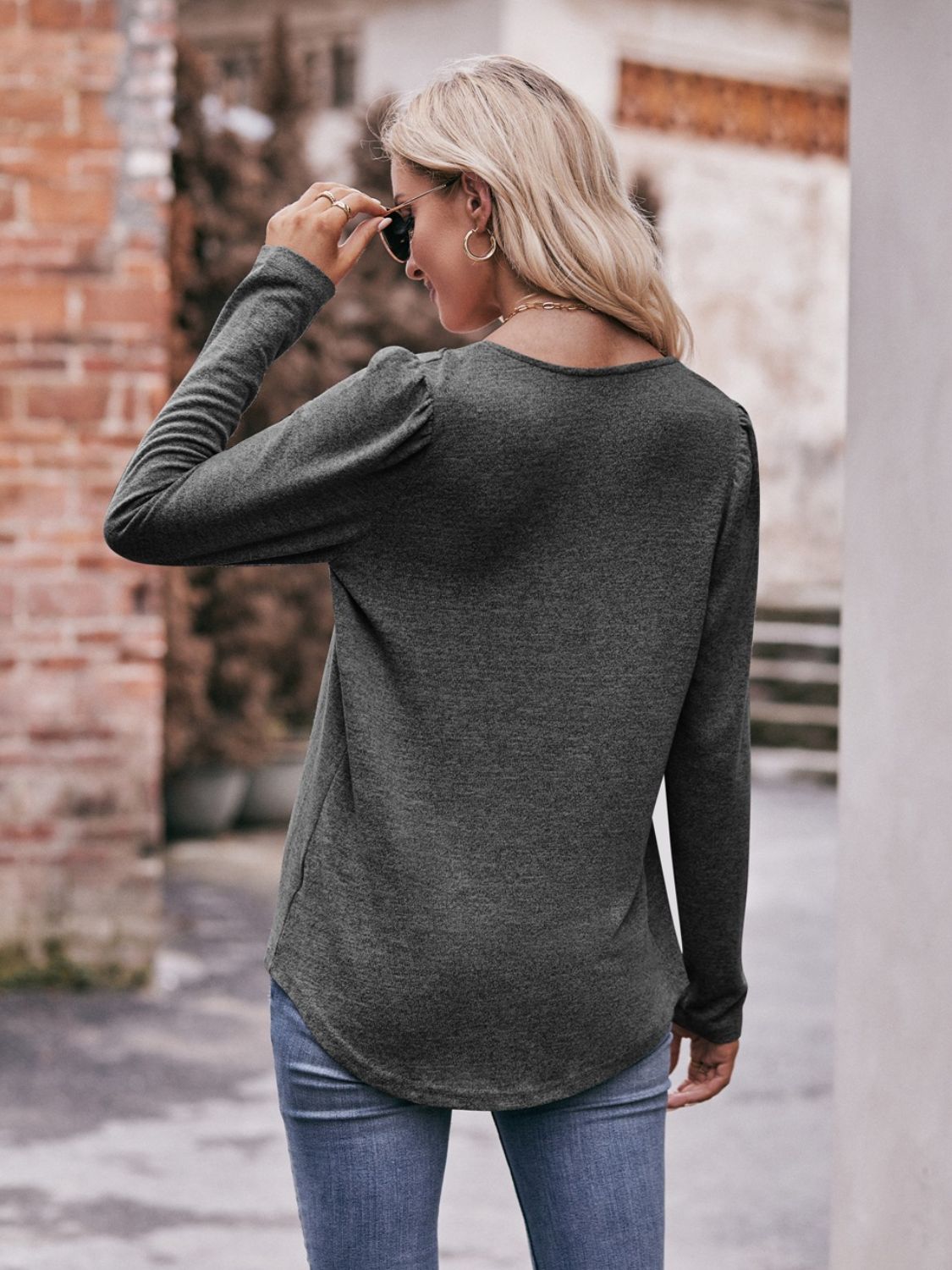Pleated Detail Curved Hem Long Sleeve Top  Shirts & Tops- Doll Fits