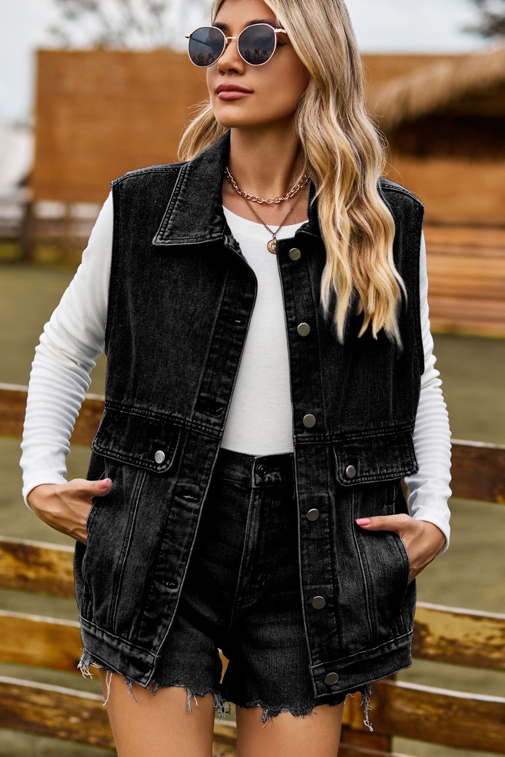 Sleeveless Collared Neck Denim Top with Pockets  Shirts & Tops- Doll Fits