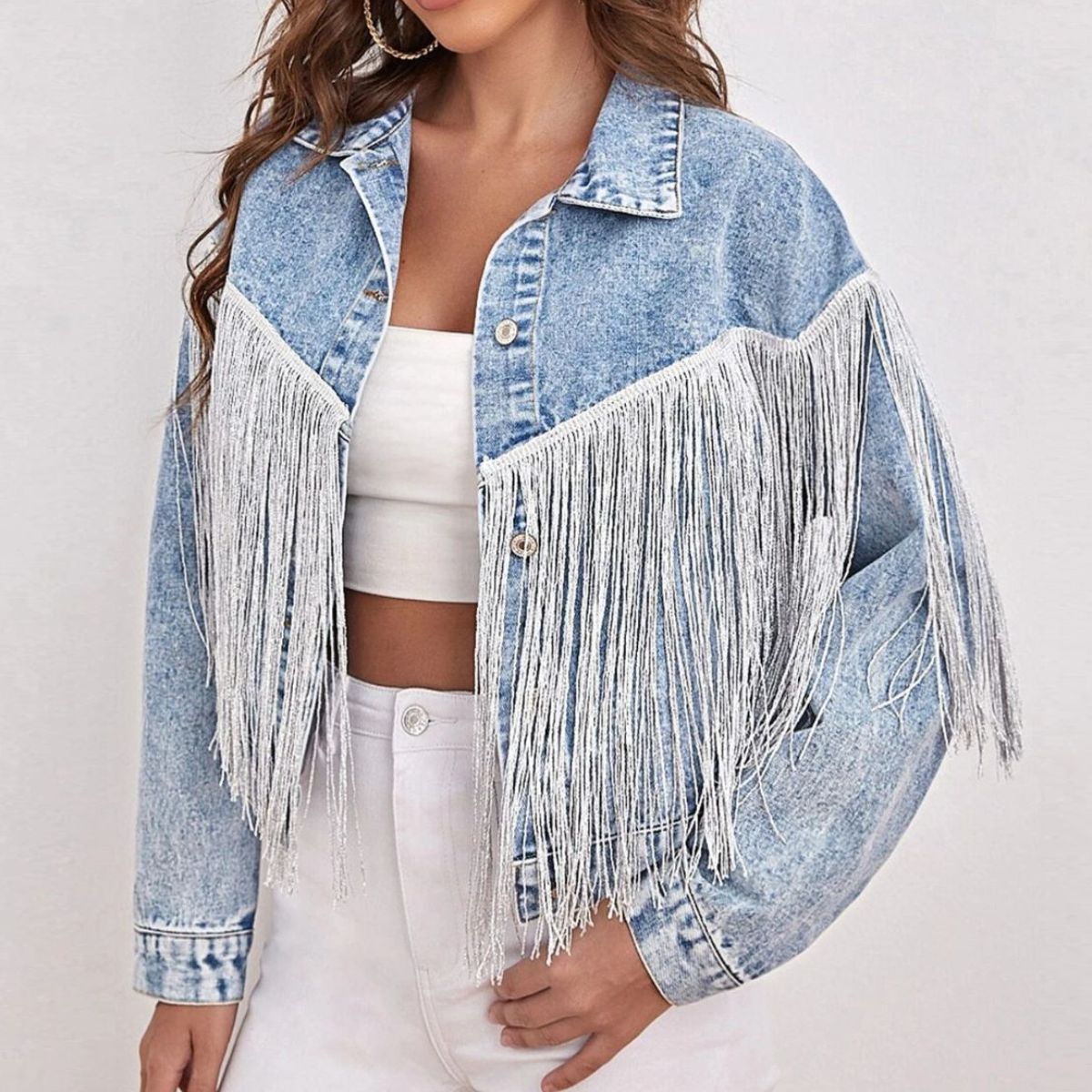 Fringe Detail Collared Neck Long Sleeve Denim Jacket  - Doll Fits