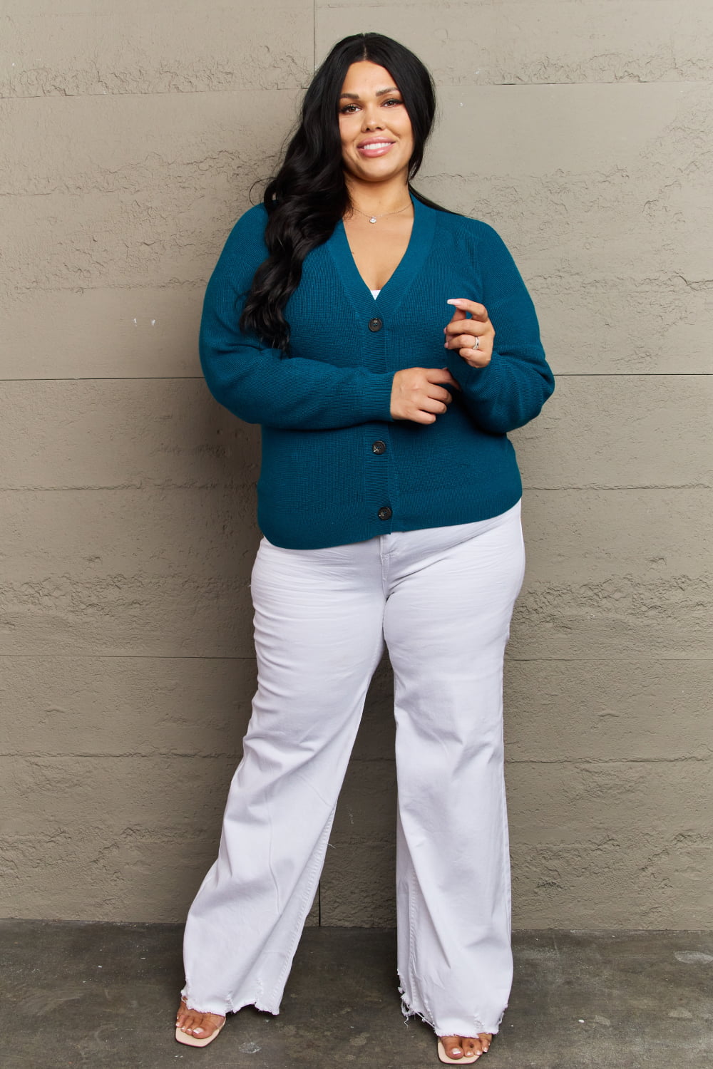 Zenana Kiss Me Tonight Full Size Button Down Cardigan in Teal  - Doll Fits