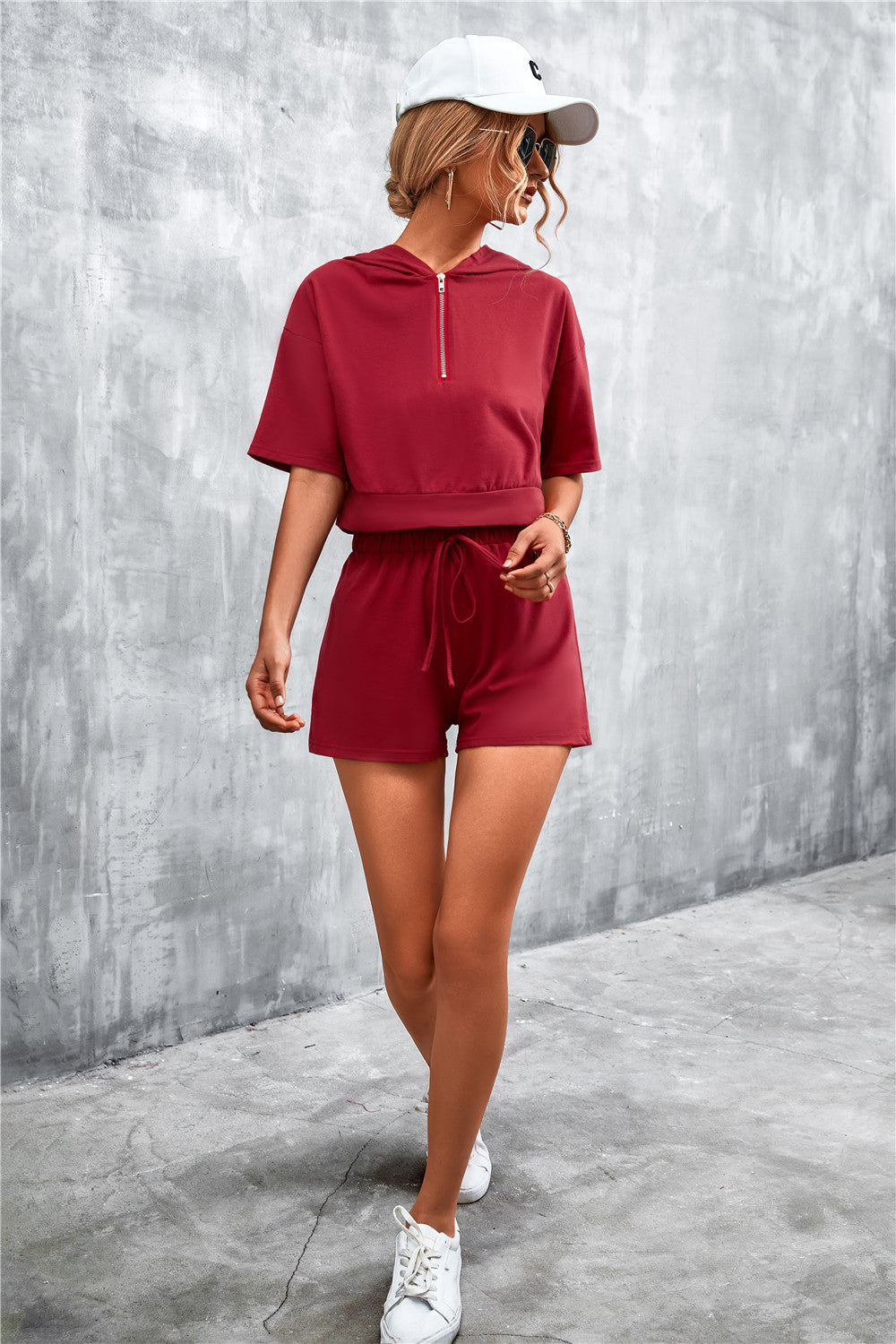 Half Zip Cropped Hooded T-Shirt and Shorts Set  Outfit Sets- Doll Fits