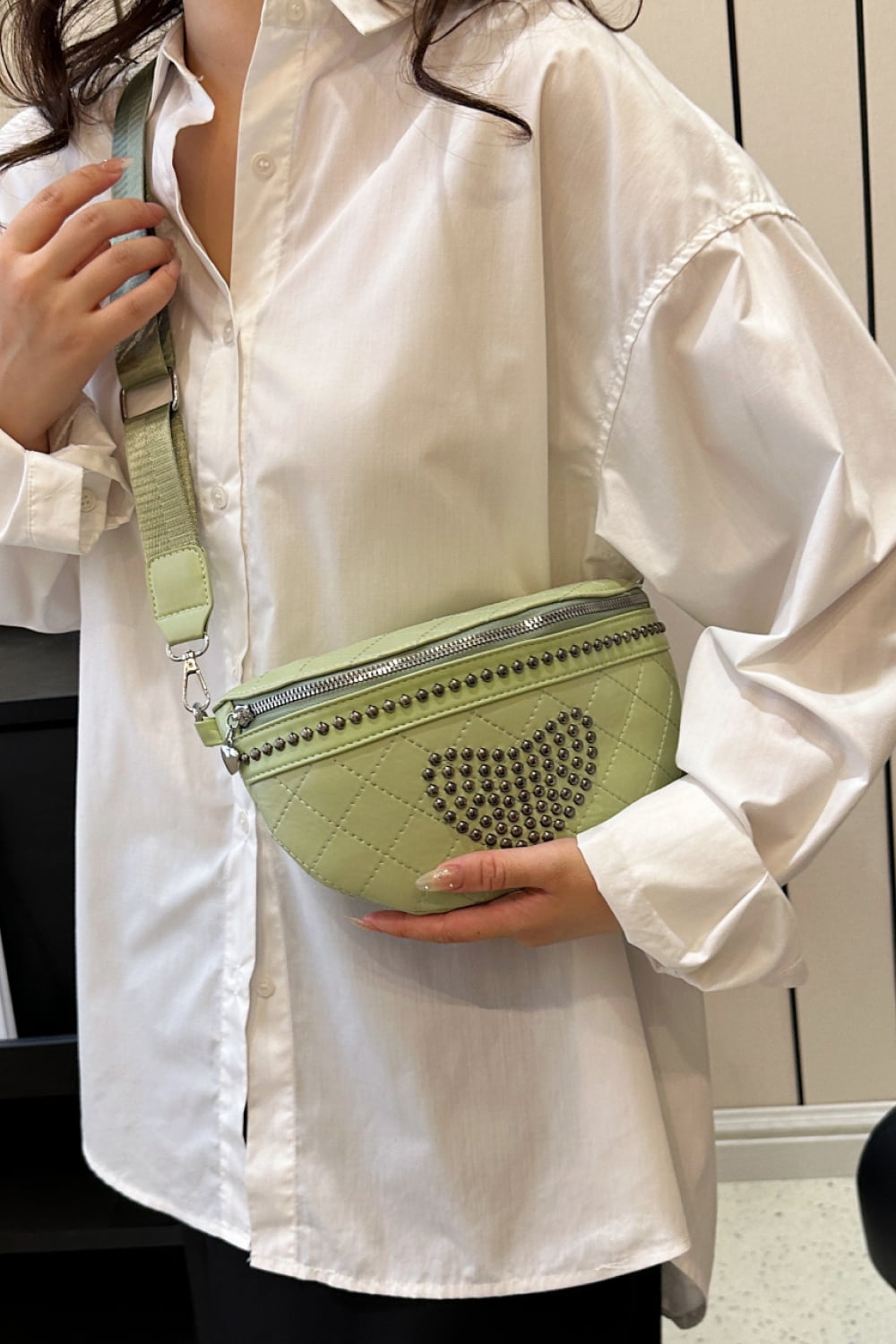 Studded PU Leather Sling Bag with Small Purse  - Doll Fits