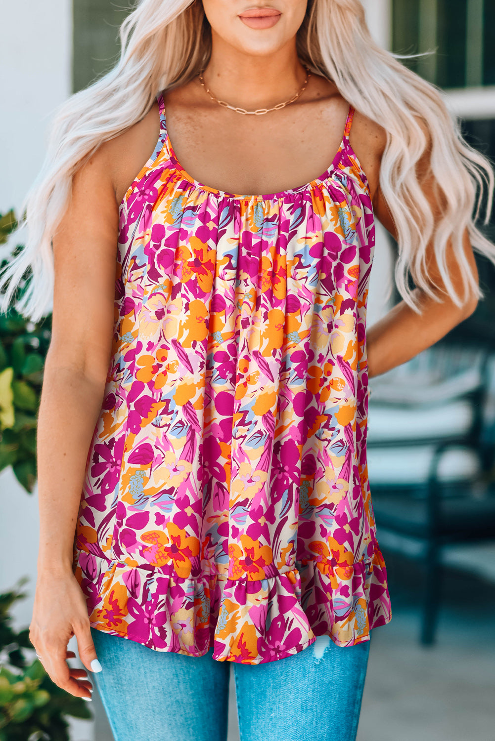 Floral Scoop Neck Ruffle Hem Cami  Shirts & Tops- Doll Fits