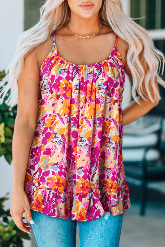 Floral Scoop Neck Ruffle Hem Cami  Shirts & Tops- Doll Fits