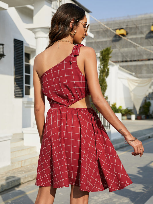 Grid One-Shoulder Tied Cutout Dress  Dresses- Doll Fits