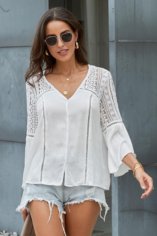 Flare Sleeve Spliced Lace V-Neck Shirt  Shirts & Tops- Doll Fits