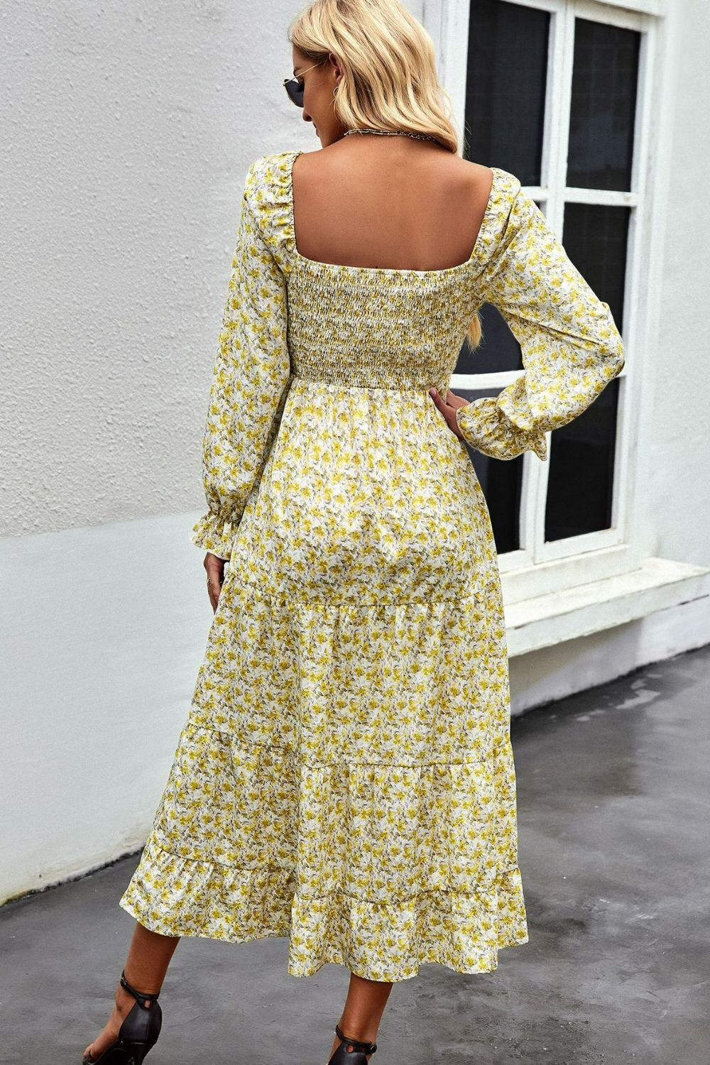 Floral Smocked Square Neck Slit Midi Dress  Dresses- Doll Fits