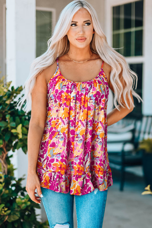 Floral Scoop Neck Ruffle Hem Cami  Shirts & Tops- Doll Fits