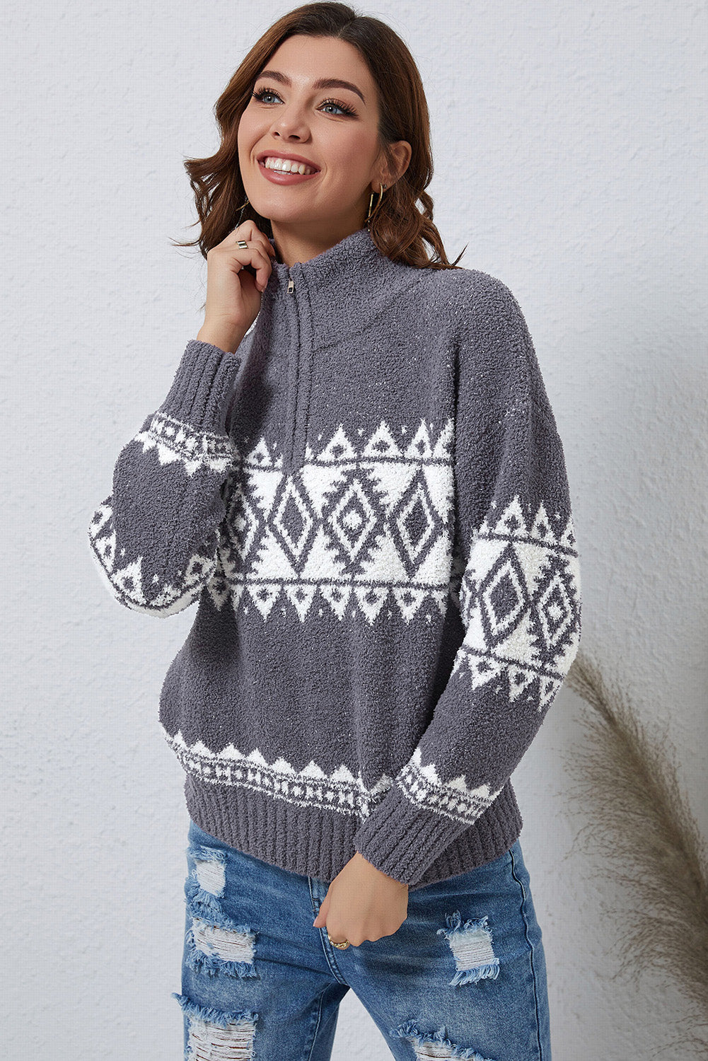 Zip-Up Geometrical Pattern Pullover Sweater  Shirts & Tops- Doll Fits