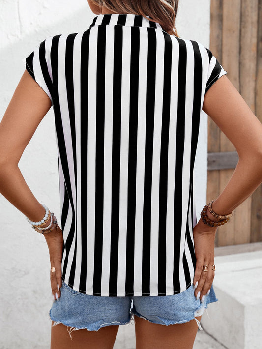 Striped Notched Neck Cap Sleeve Blouse  Shirts & Tops- Doll Fits