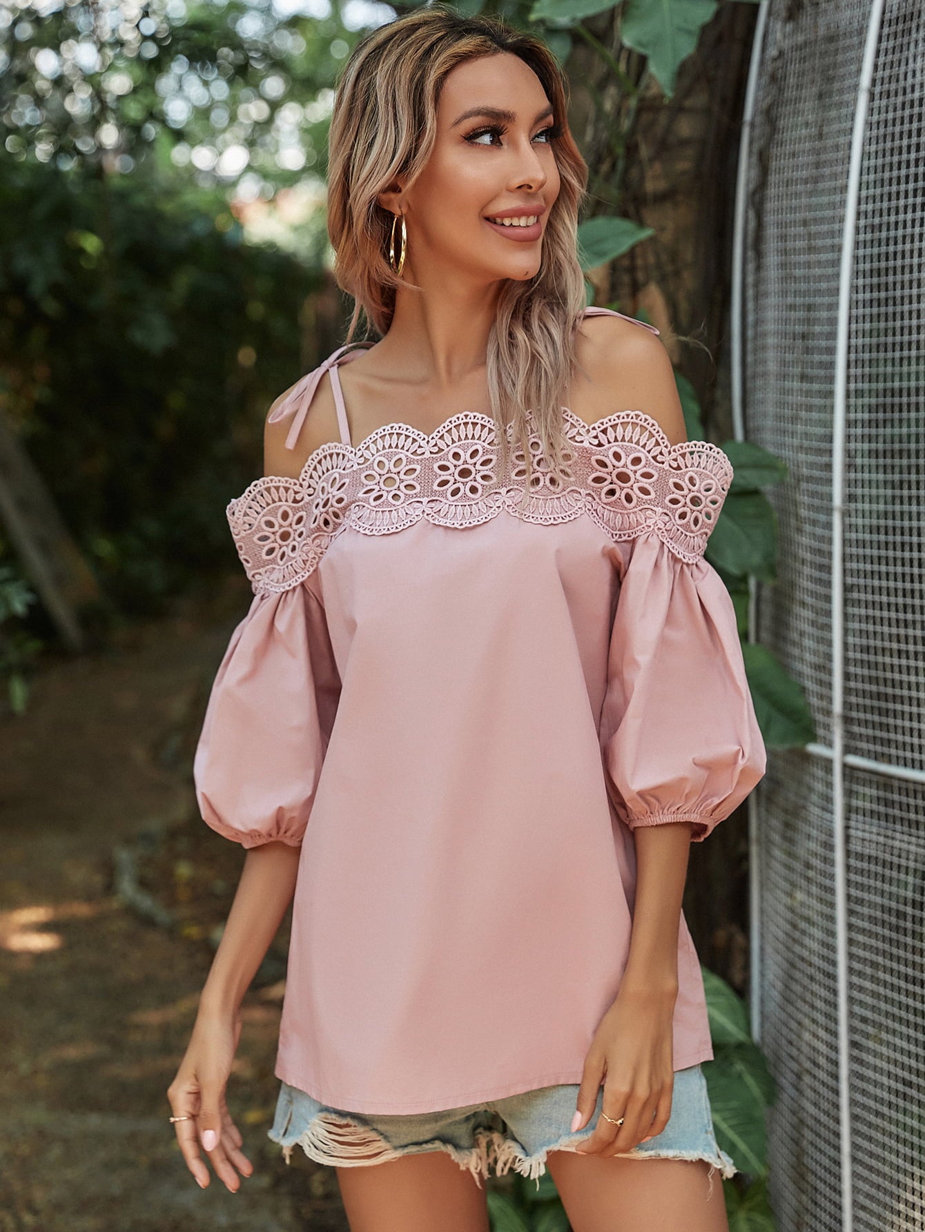 Lace Trim Off-Shoulder Bubble Sleeve Blouse  - Doll Fits
