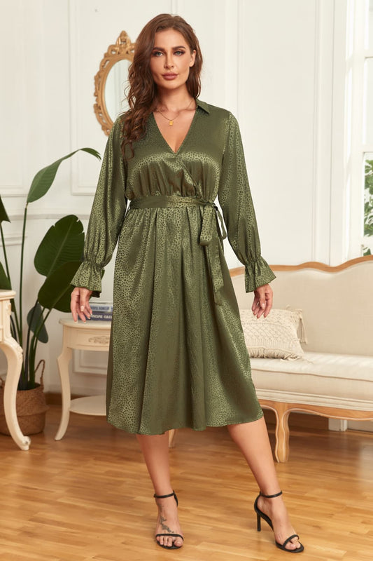 Melo Apparel Plus Size Surplice Neck Tie Belt Flounce Sleeve Midi Dress  Dresses- Doll Fits