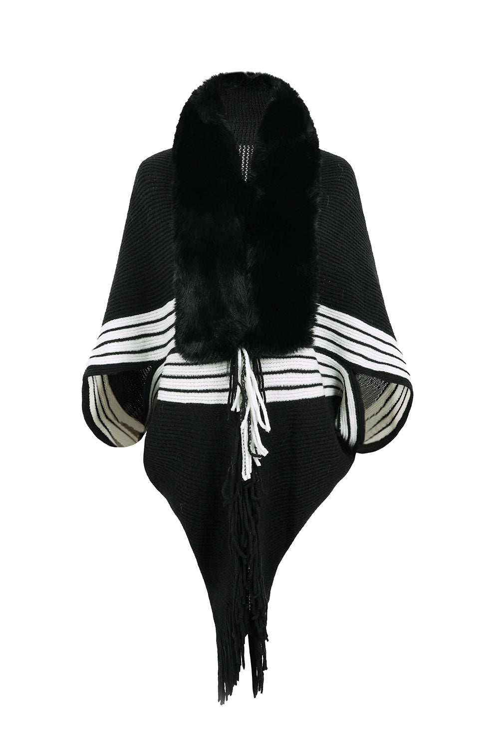 Striped Fringe Detail Long Sleeve Poncho  - Doll Fits