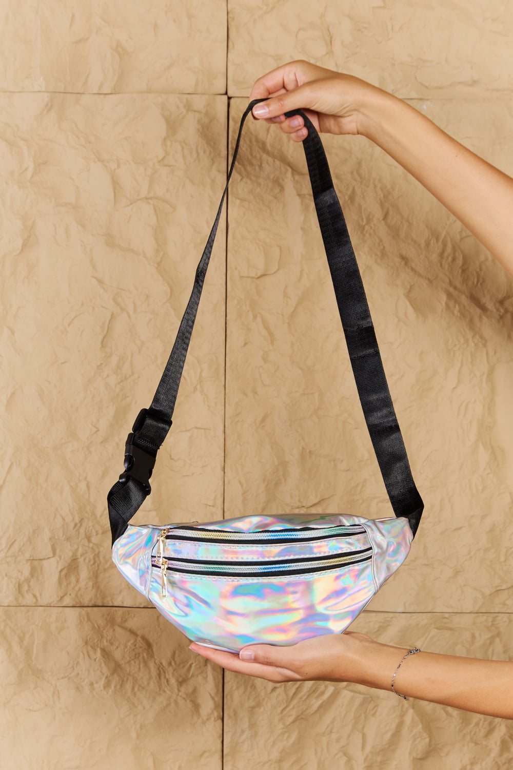 Fame Good Vibrations Holographic Double Zipper Fanny Pack in Silver  - Doll Fits