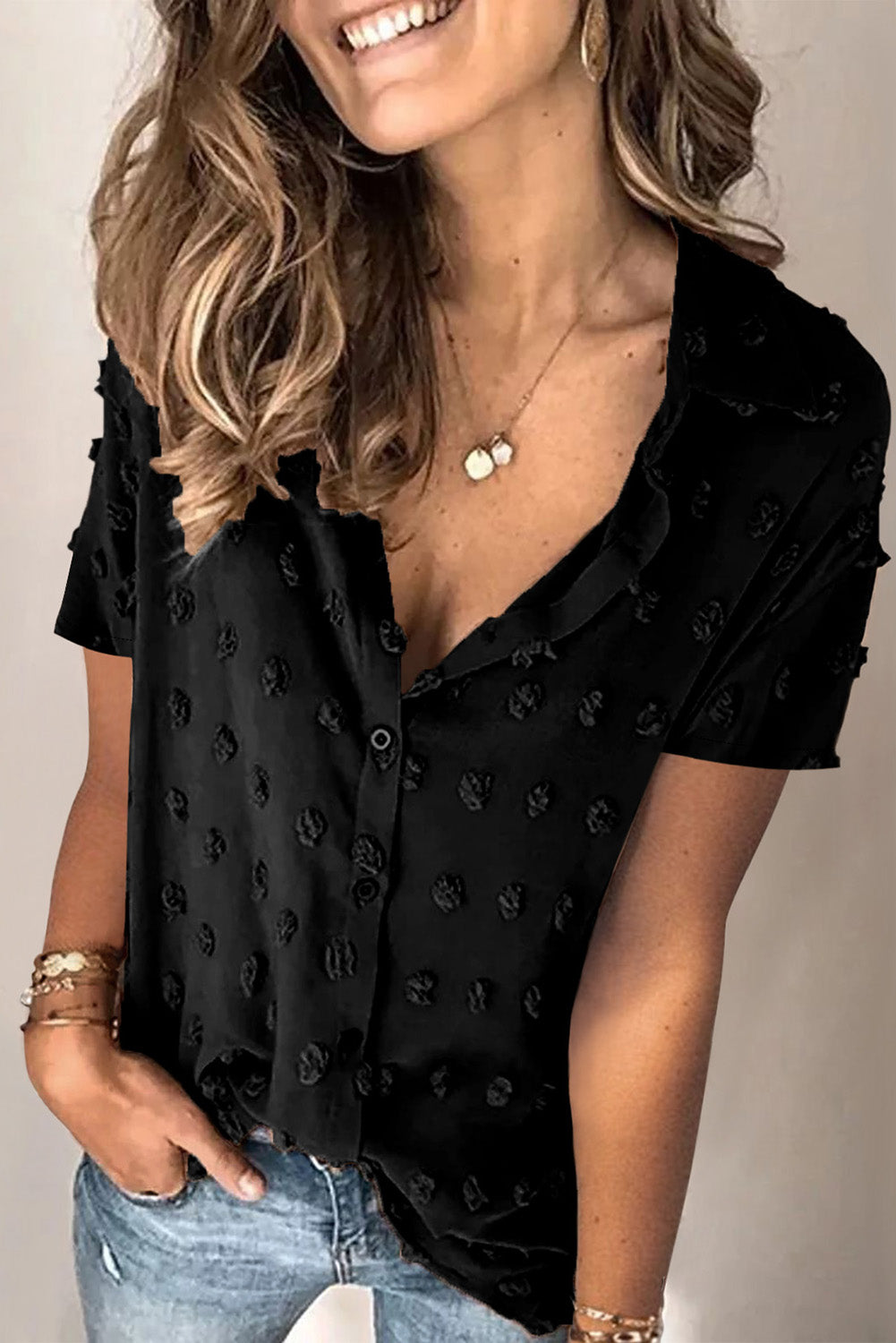 Raelynn Swiss Dot Collar Short Sleeve Shirt  Shirts & Tops- Doll Fits